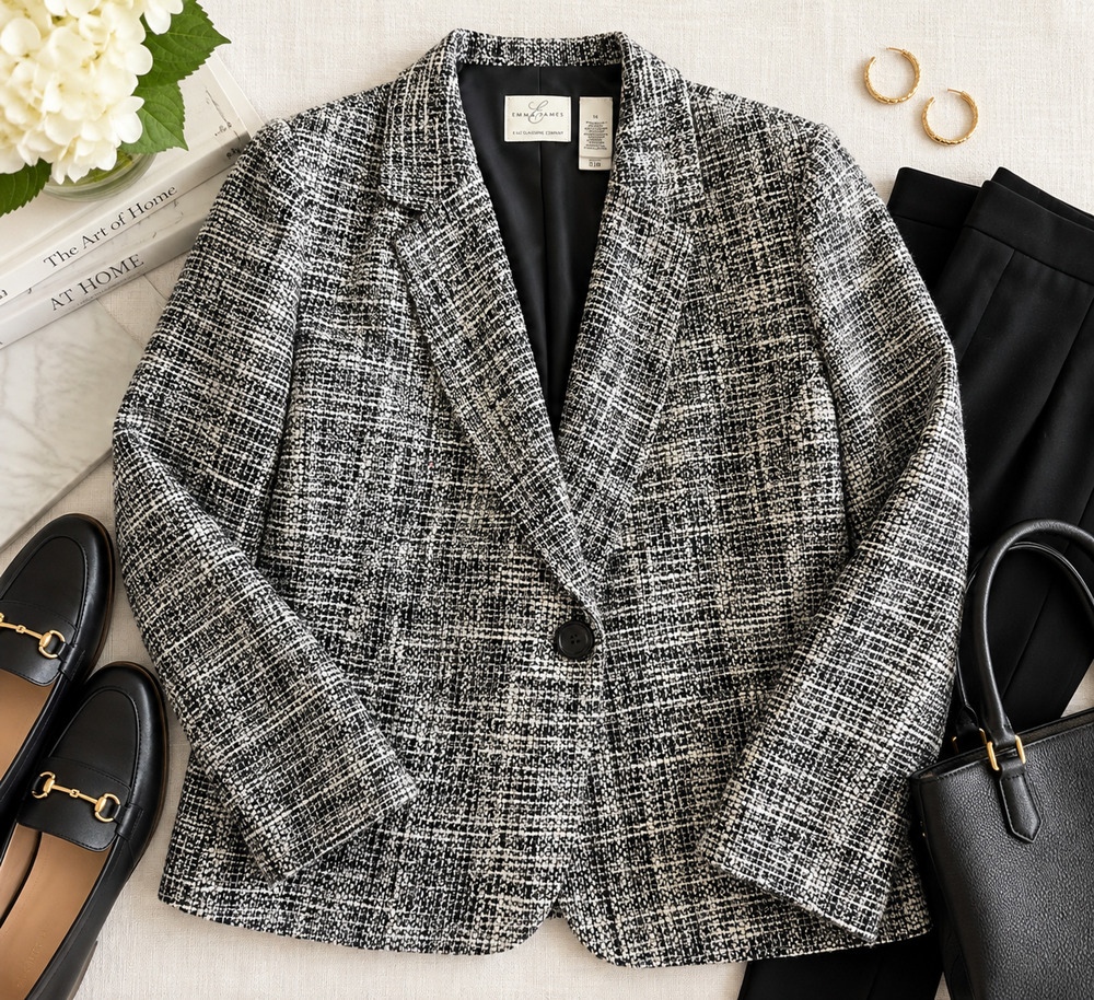 Emma James Liz Claiborne Womens 16 Black White Tweed Blazer Wool Blend Career